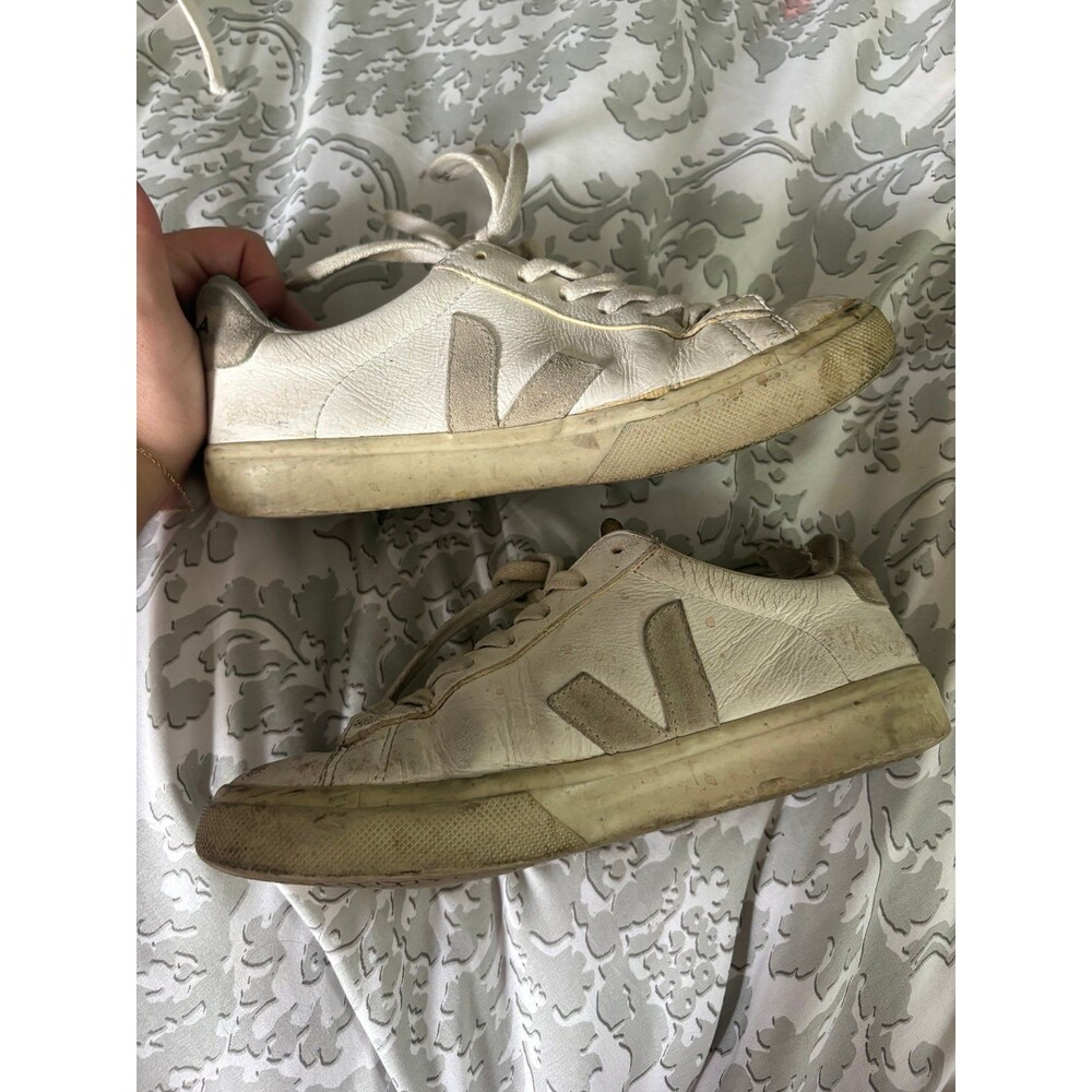 White and Tan Veja V10 Sneakers Size 8